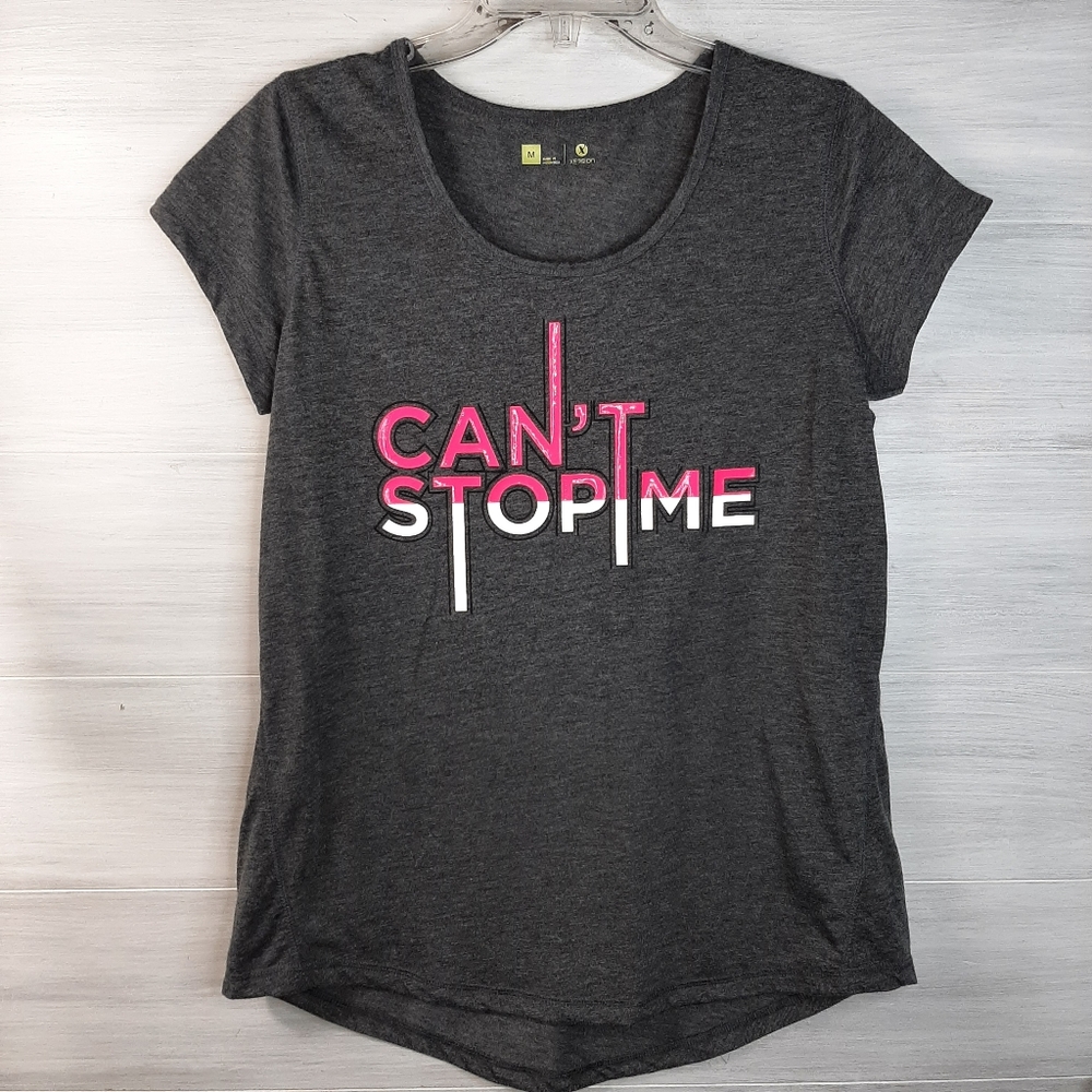 Xersion Women's Teeshirt, size Medium, dark grey with pink "Can't stop me"
